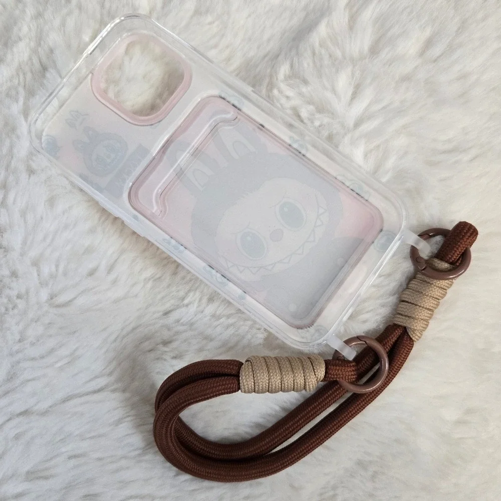 Labubu Phone Case iPhone 13 Pro‎ Max Brown Pink Monster Wristlet Lanyard Card
